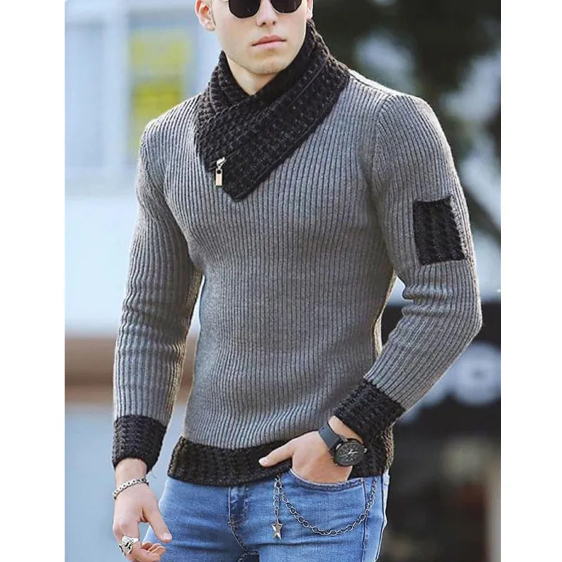 

Мужской трикотажный пуловер на молнии, с длинным рукавом и воротником-шарфом