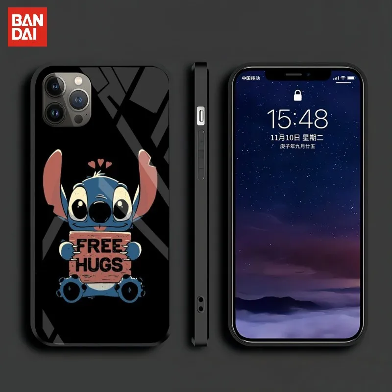 

BANDAI Cute Stitch Phone Case Tempered Glass For IPhone 13 12 Mini 11 Pro Max X XS XR SE 2020 7 8 Plus 6 6S Funda Shell Cover
