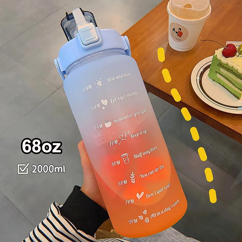 

2L Large Capacity Water Bottle 68oz Motivational Water Jug with Straw Outdoor Time Marker Drinking Water Cup