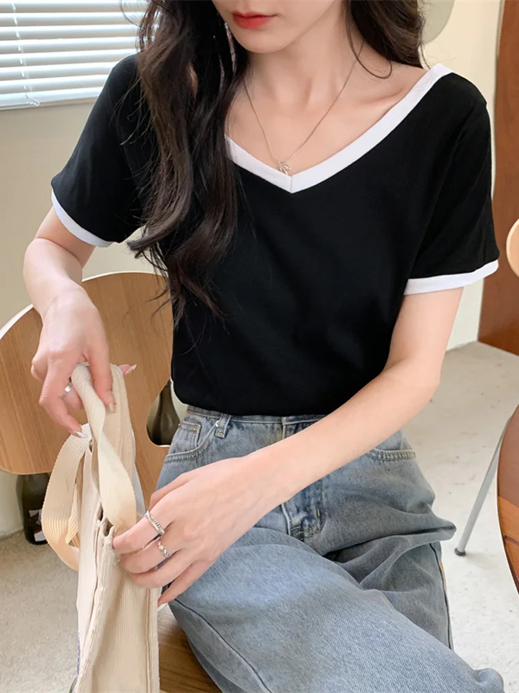 

woman all-match Tee Shirt Summer cotton Women T Shirt harajuku solid T-shirts students Casual slim Short Sleeve black white Tops