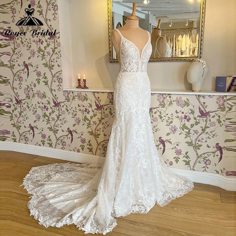 

Изысканные свадебные платья в стиле бохо с юбкой-годе на заказ для женщин, сексуальное платье невесты на бретельках с V-образным вырезом и открытой спиной, кружевные аппликации