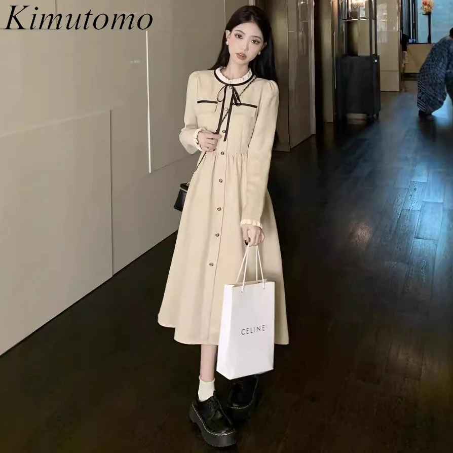 Kimutomo маленькое ароматное платье для женщин контрастное миди на шнуровке с