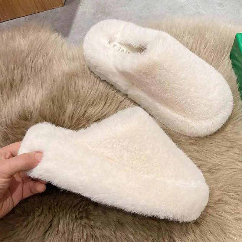 Winter Women Fluffy Fur Furry Thick Platform Home Slippers Female Warm Plush Non Slip Flip Flops Shoes