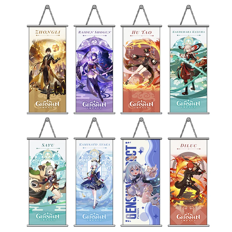 

Anime Genshin Impact Hutao Keqing Ganyu Figure Roll Hanging Poster Kids Bedroom Home Decor Canvas Wall Sticker Decoration Gifts