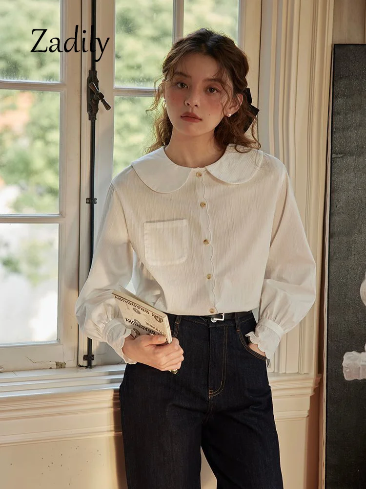 

2023 Spring New Vintage Puff Long Sleeve Women White Shirt Korea Style Peter Pan Collar Button Sweet Female Tunic Blouse