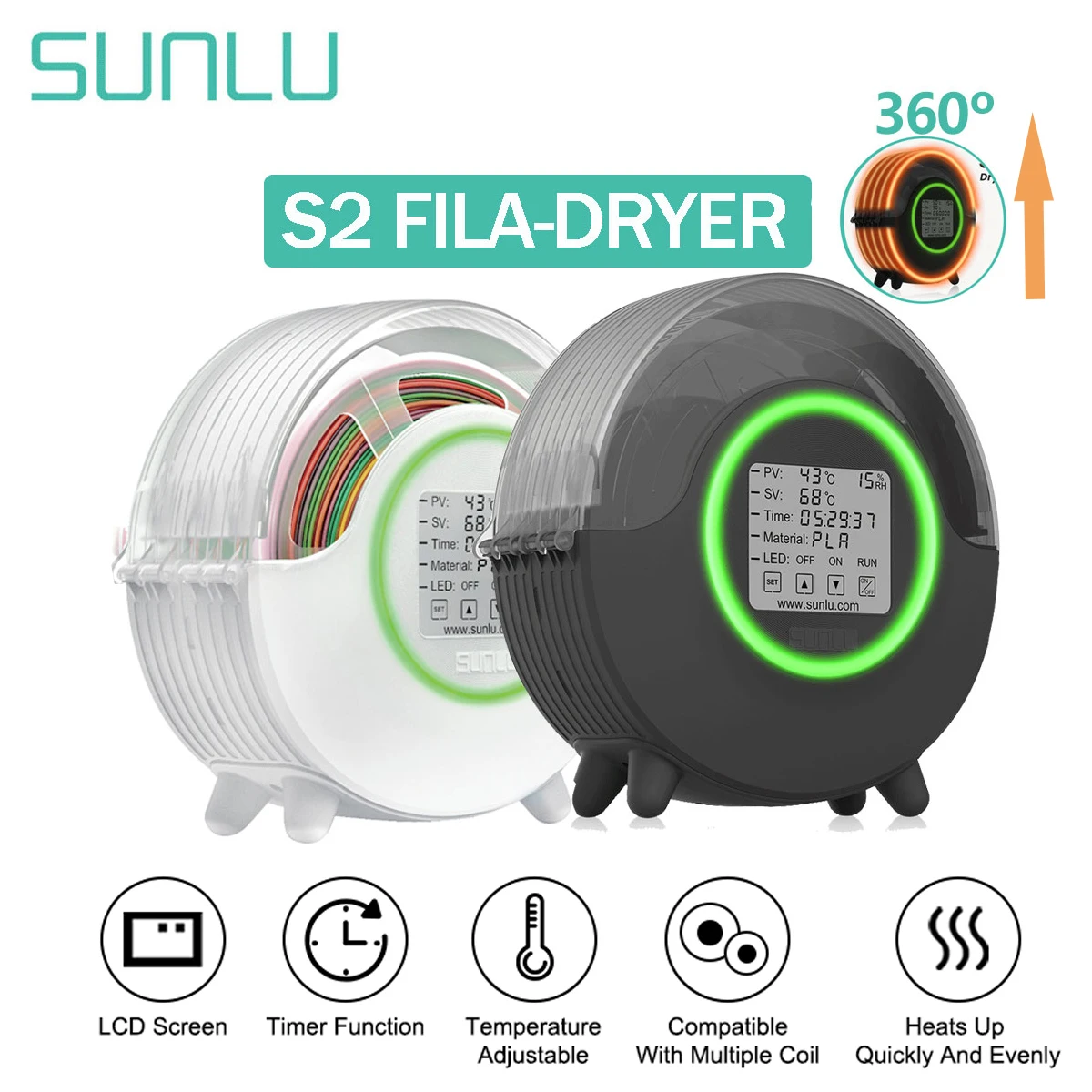 Сушилка для наполнителя SUNLU S2 сушилка до 70 ℃ нагрев 360 ° равномерная сушка с
