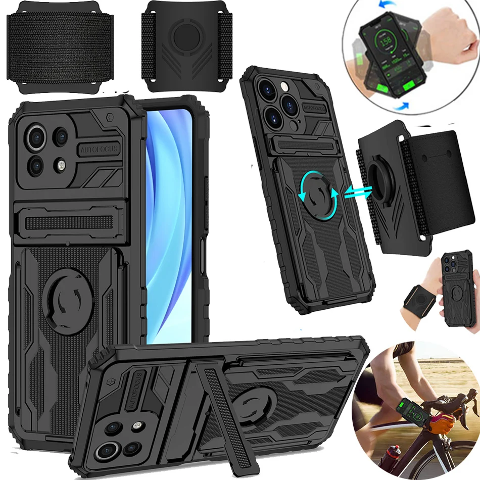 

POCO M4 Pro M3 X3 Nfc Shockproof Case For Xiaomi Mi11T Redmi Note 11 9T Running 360 Rotate Wrist Arm Band Phone Stand Cover Case