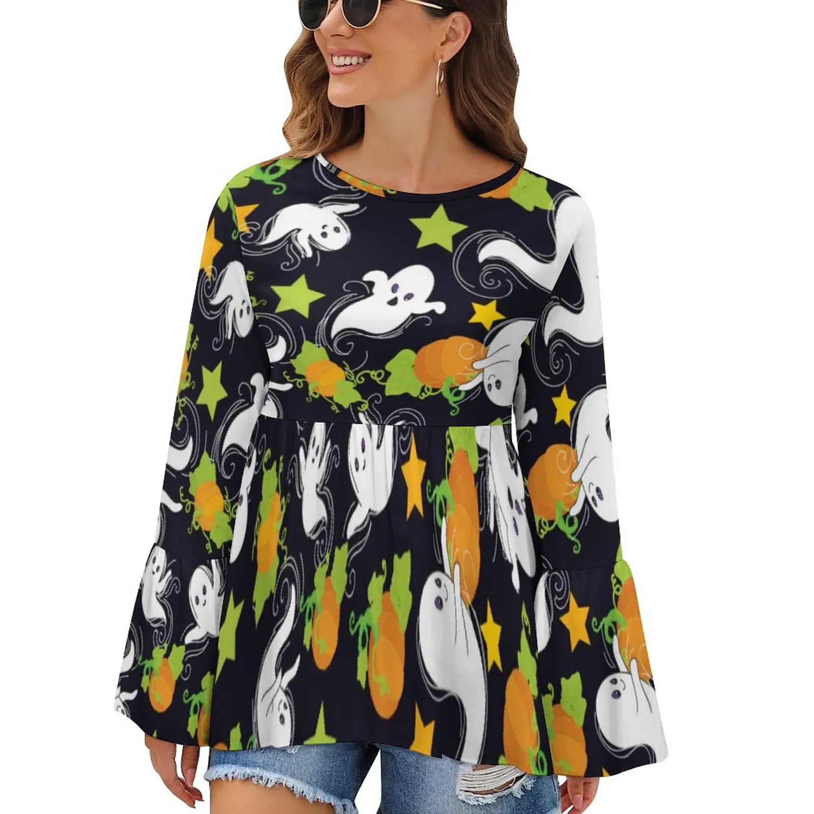 

Cute Ghost Print T Shirts Halloween Pumpkin Vintage T-Shirt Woman Long Sleeve Casual Tshirt Hot Sale Oversize Pattern Tees