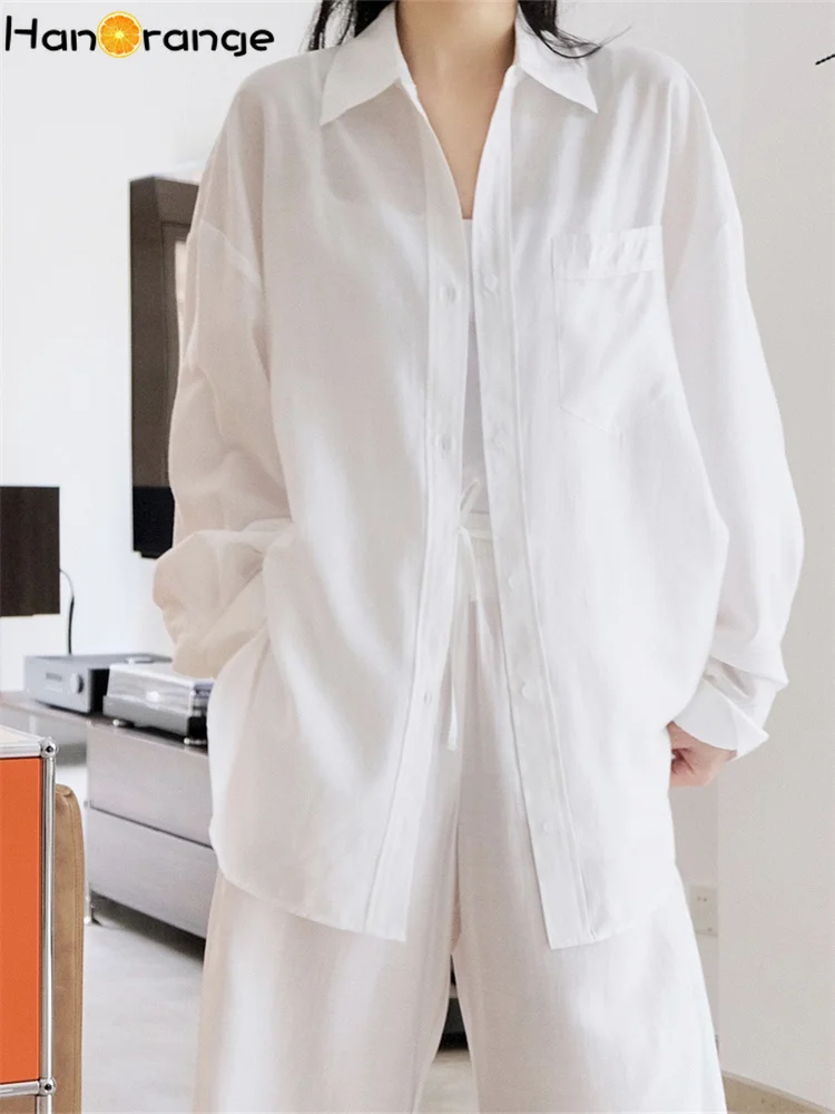 

HanOrange 2022 Summer Hazy Lapel Shirt Loose Thin Light Casual Lazy BF Style Sunscreen Top Women's Outfit White/pink
