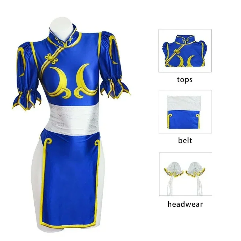 Chun Li Косплей Jurk Kostuum AK Sf Chunli rollenak Blauwe Qipao полный комплект Джеки Кунг Фу Хэллоуин