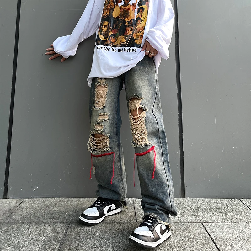 Vintage Clothes Y2k Ripped Jeans Women Baggy Embroidery Raw Edge Trousers Casual Wide 2000s Streetwear Pants Washed Korean Style