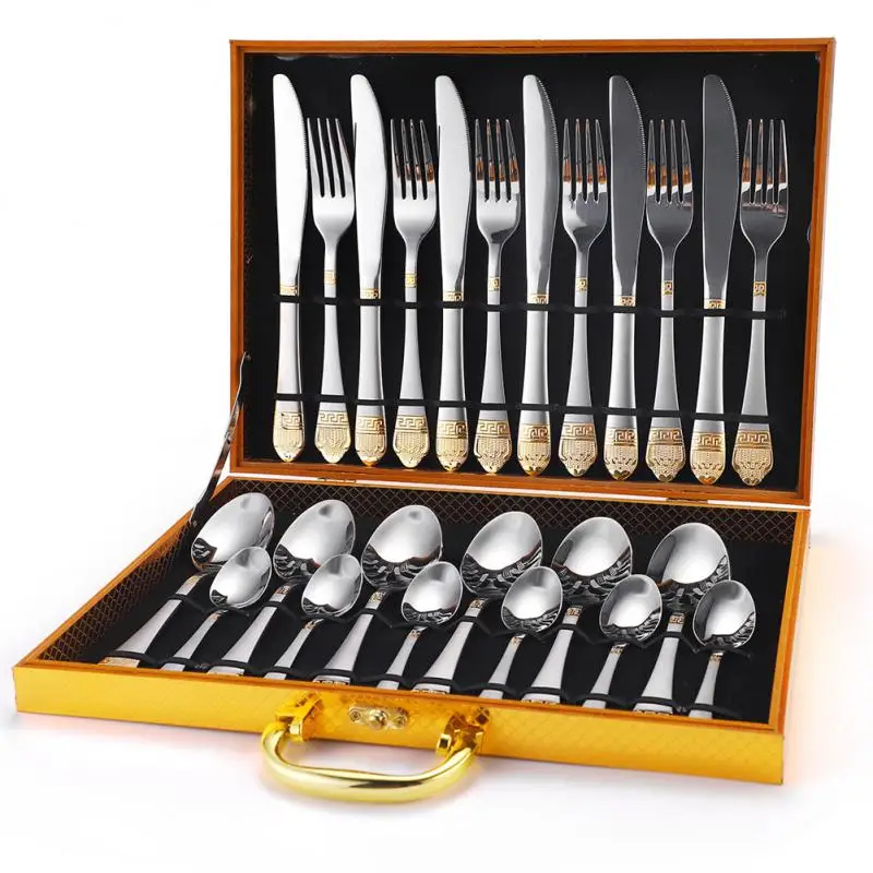

24 Pieces Cutlery Set Gold Plated Crown Knife Fork Spoon Tableware Set Stainless Steel Dinnerware Gift Kitchen Accessories