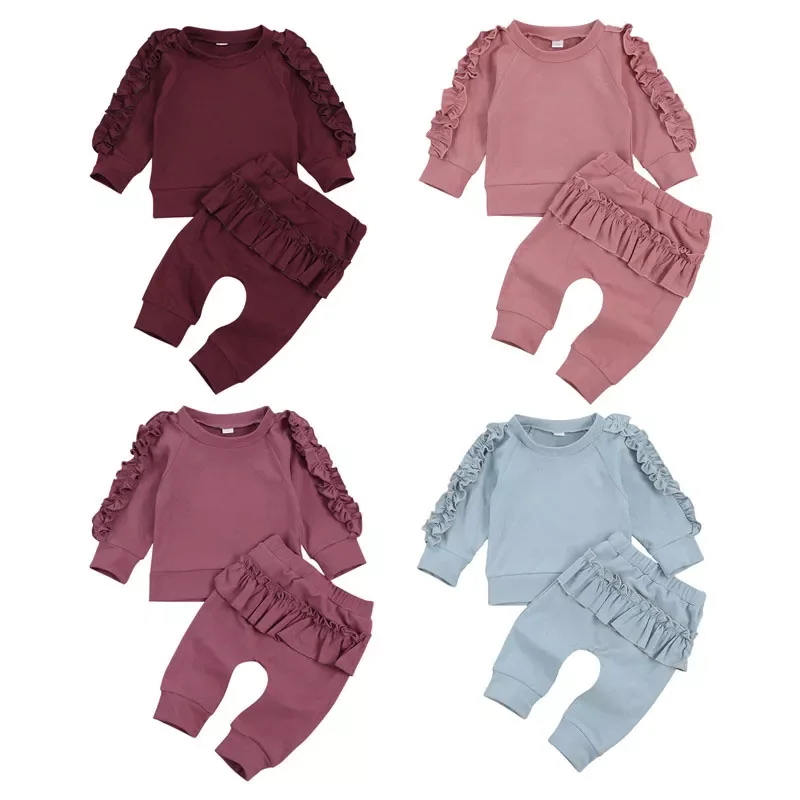 Newborn Baby Girl Autumn Clothing Set Long Sleeve Solid Cotton Soft Top Pants 4Colors Pink Red Blue Rose Red