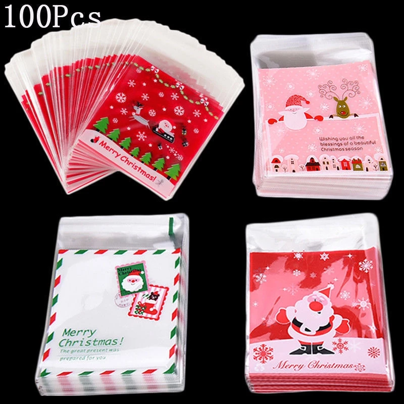 

100pcs Christmas Plastic Bag Wedding Birthday Party Favors Cookie Candy Gift Packaging Bags Santa Claus Self Adhesive Pouch Bags