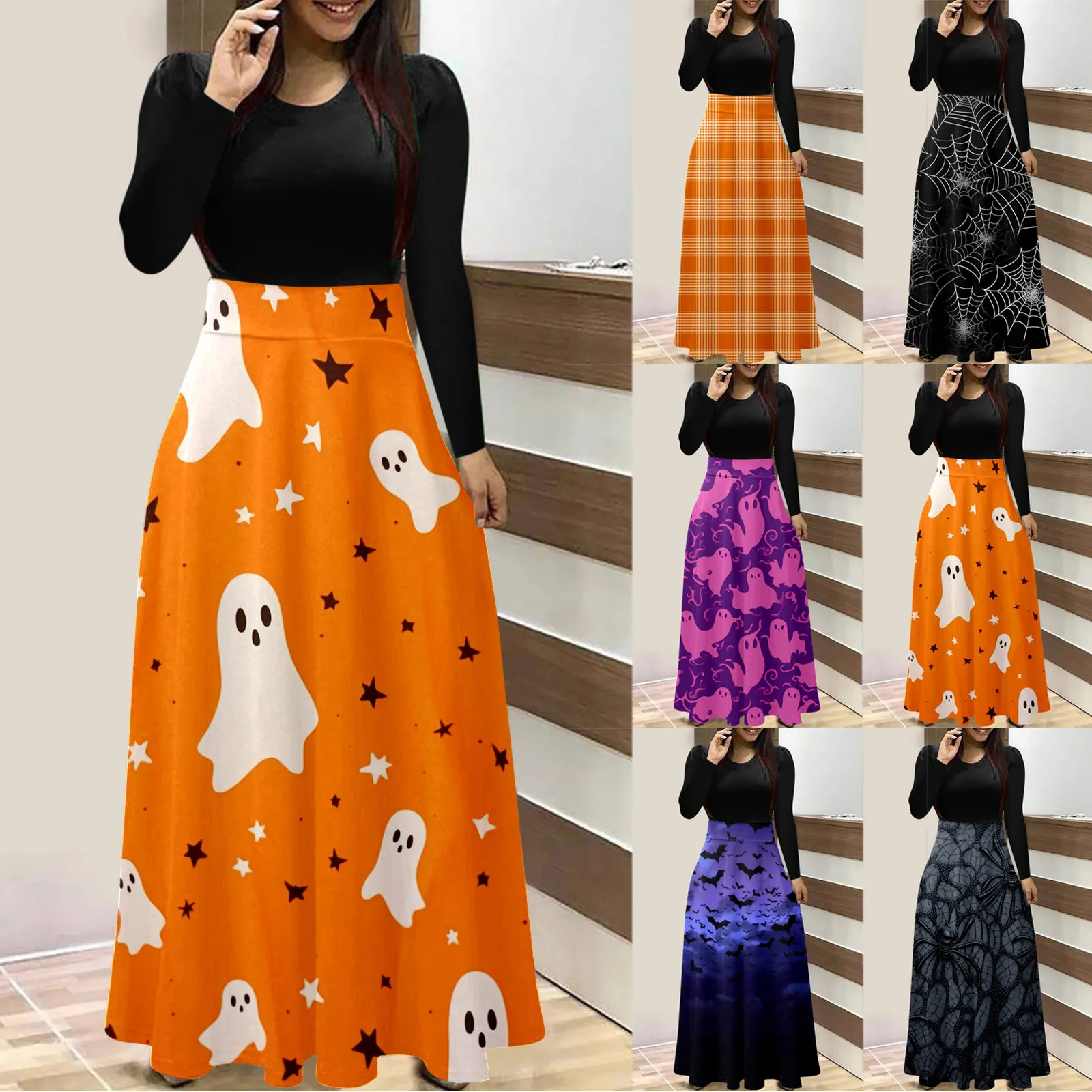 

Женское осенне-зимнее Повседневное платье с круглым вырезом и длинным рукавом, длинная юбка с принтом, повседневная юбка, женское Повседневное платье