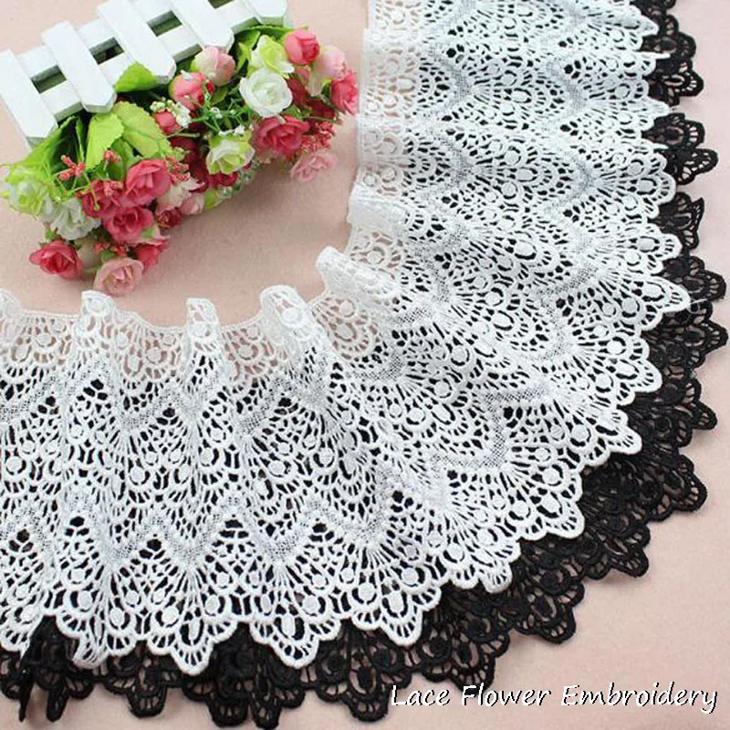 19CM Wide HOT Embroidery White black flower lace fabric trim ribbon DIY sewing applique collar guipure craft wedding dress decor