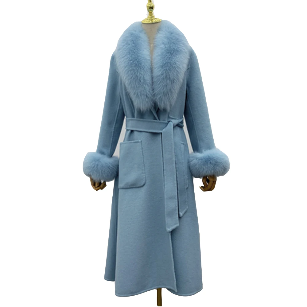 Winter Women Real Fur Coat X-long Cashmere Wool Blends Jacket Belt Large Natural Fox Fur Collar and Cuffs Detachable Outerwear