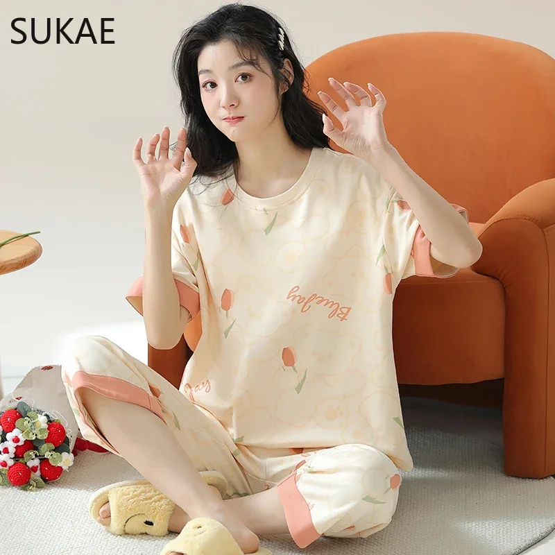 E damski zestaw piżam Capris rozrywka Cartoon do kolan bielizna nocna Lady z krótkim rękawem łydki Pijama ze sztucznej bawełny