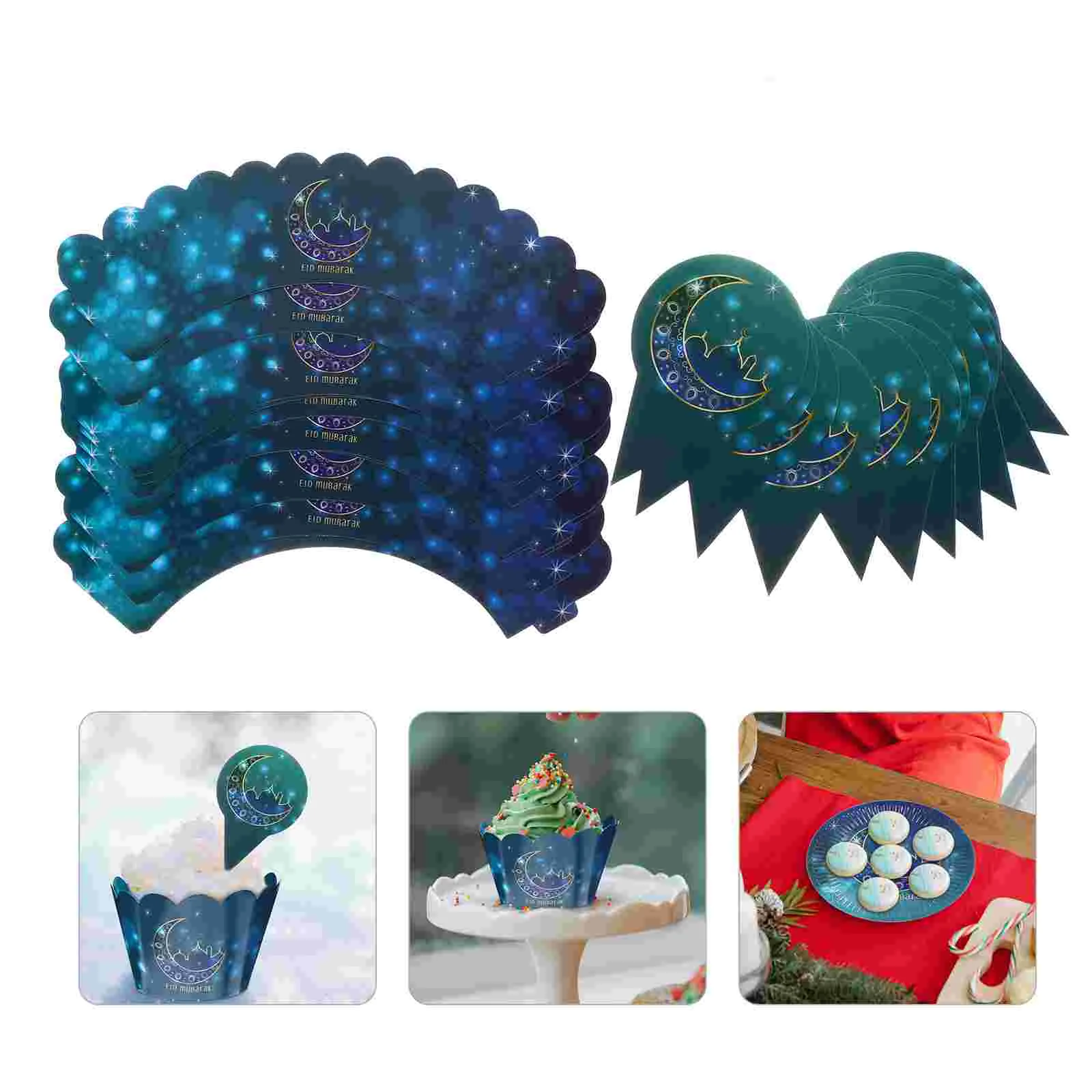 

Disposable Platters Festival Tableware Mubarak Paper Topper Cutlery Drinkign Cup Muffin Muslim Card