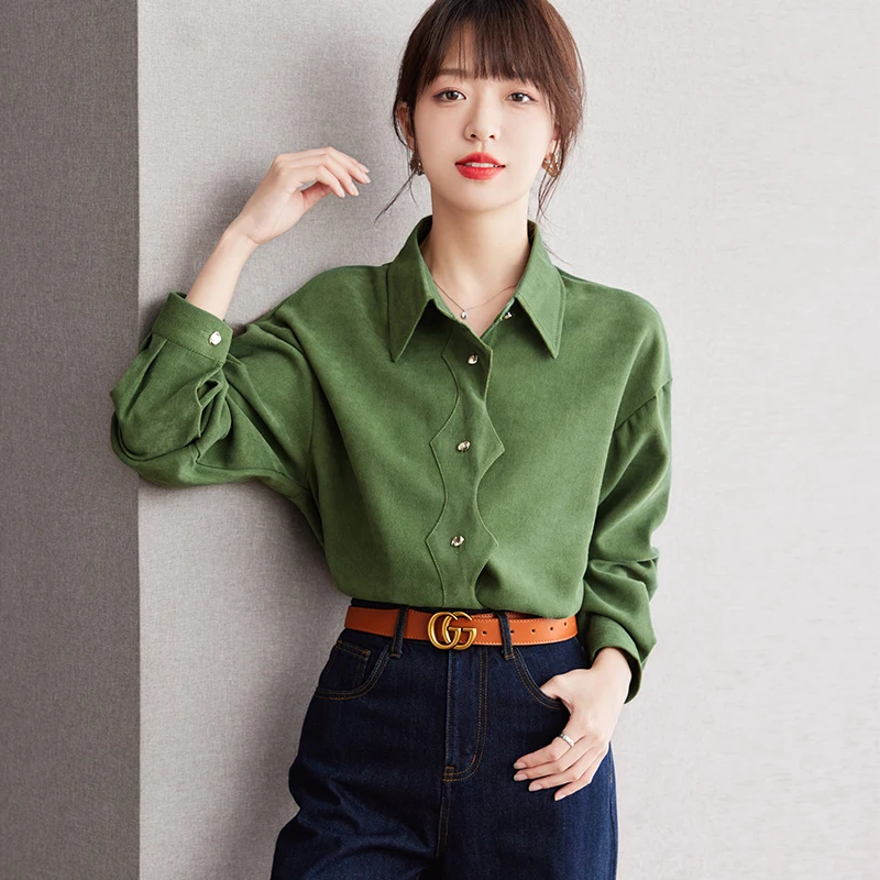 

Solid Women's Shirts Summer 2023 New Green Blouses Loose Vintage Long Sleeves Polo Neck Tops Ladies Clothing YCMYUNYAN