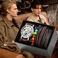 manual winding mechanical wristwatch for men 3pcs top luxury watch leather bracelet set gift for boyfriend reloj mecanico
