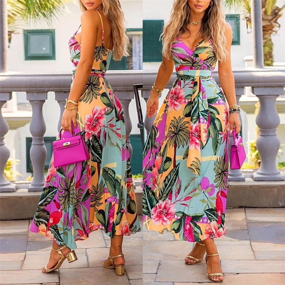 

Chicme Summer Women Tropical Print Long Dress V-Neck Maxi Dress With Belt Sleeveless A Line Vacation Dress Robe Longue Femme