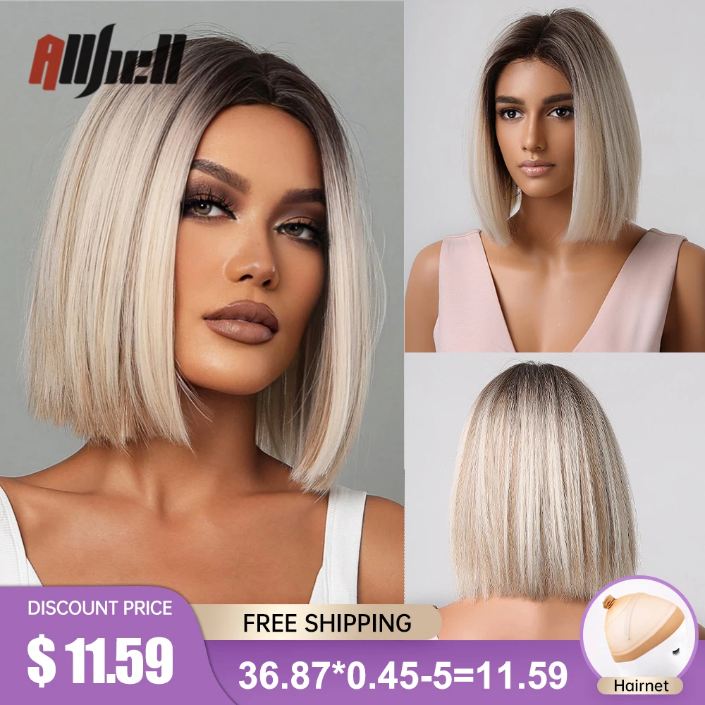 Ombre Brown Platinum Blonde Synthetic Wigs Short Straight Bob Wigs for Black Women Daily Natural Heat Resistant Hair Cosplay