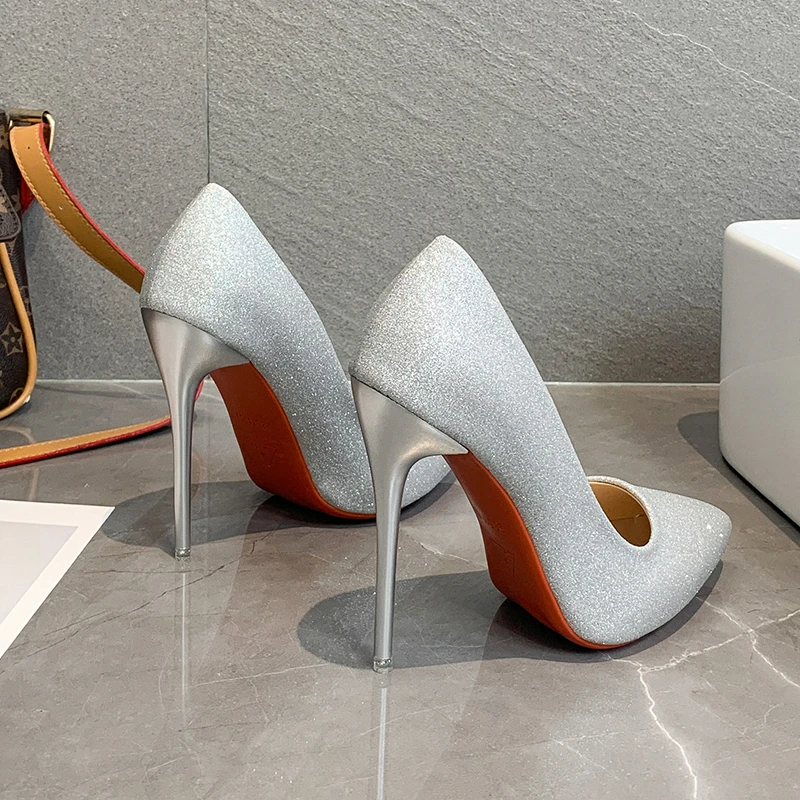 

Wedding Shoes Sequin Dress High Heels Red Rubber Bottom Women Shoe Sexy Pointed Toe Red Sole 12cm Pumps Gold Silver