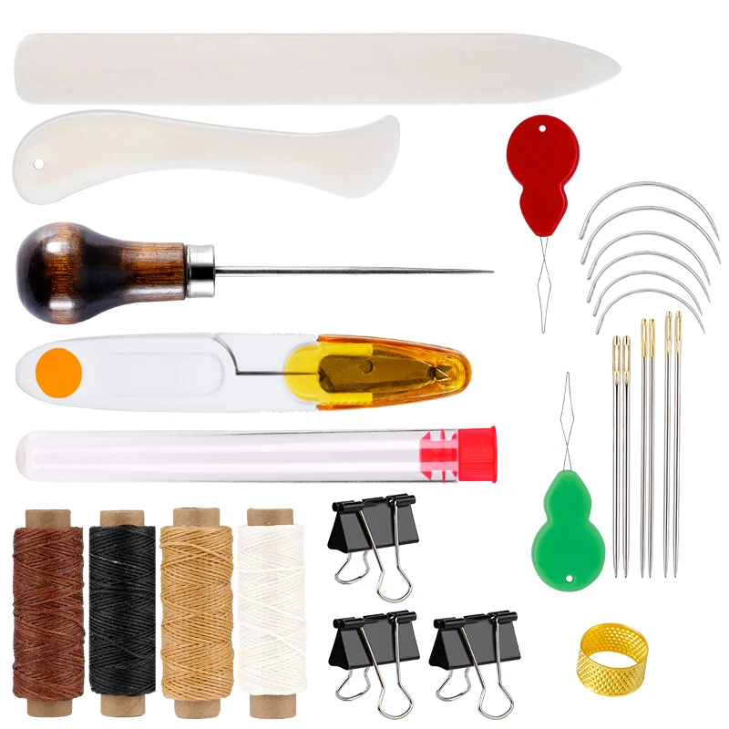 

IMZAY Leather Sewing Tools Accessories Set With Bone Breaking Knife Sewing Scissors Black Sewing Clips Wooden Handle Awl