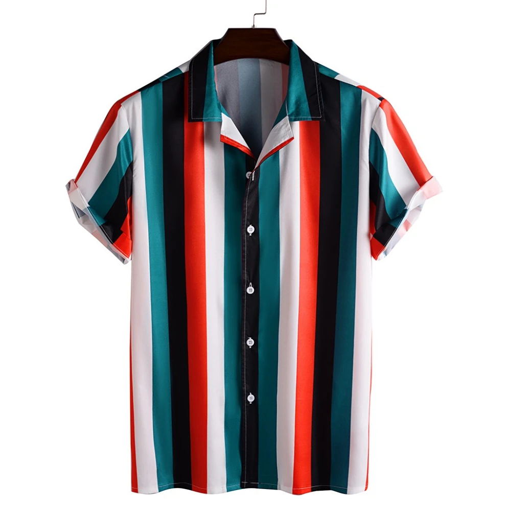 2022 summer men's striped print stand-up collar shirt thin short-sleeved loose breathable slim fit handsome European size Hawaii