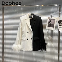 runway feather cuff black white contrast color suit jacket women lapel long sleeve loose blazer coat spring winter new clothes