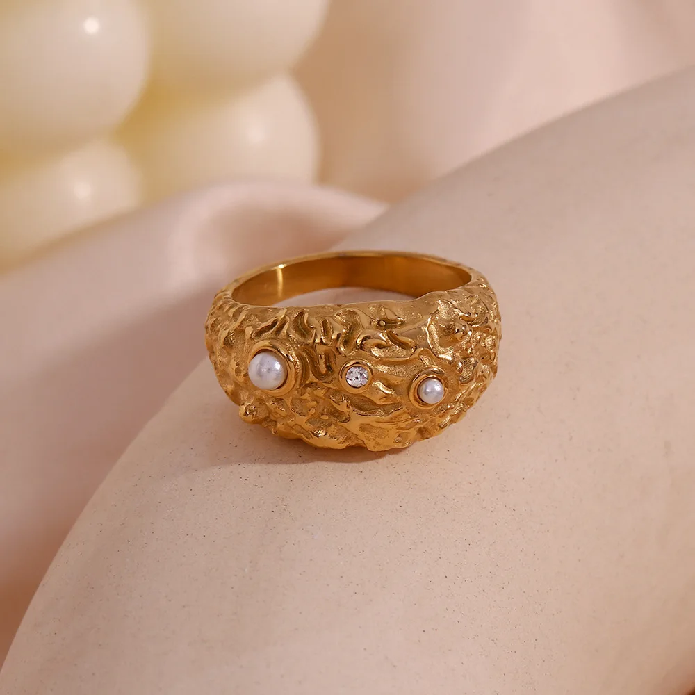 

Stainless Steel Irregular Textures Round Zircon Pearls Ring New Trendy 18K Gold Plating Ring for Women Waterproof Jewelry Gift