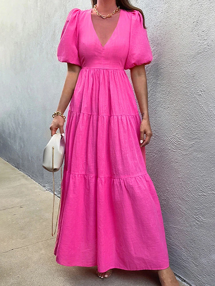 

Women Sexy Deep V Neck Puff Short Sleeve Dress Solid Color Cotton Dresses 2022 Summer Chic Backless A Line Long Maxi Robe Femme