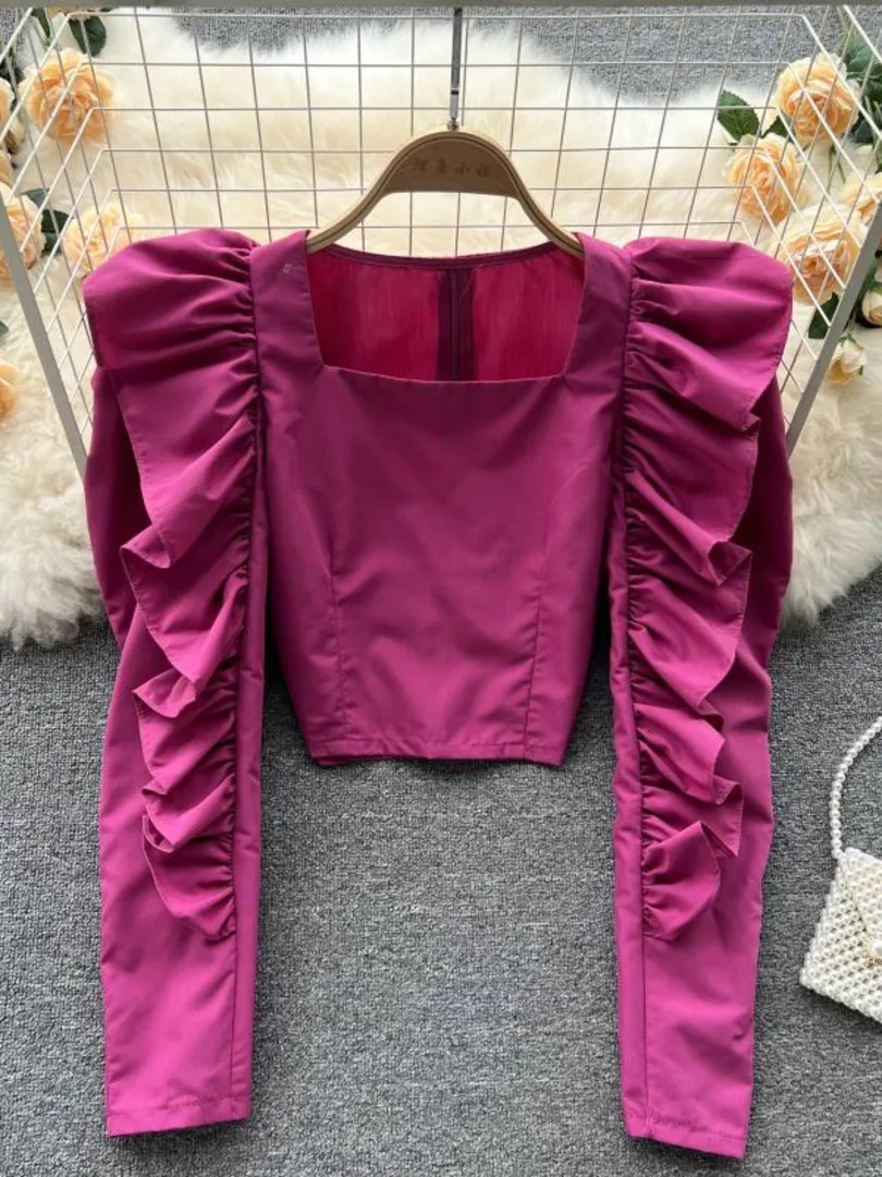 

2022 Spring Women Shirt Solid Square Collar Ruffles Long Sleeve Crop Top Slim Fit Back Zipper Female Shirt Top Casual Streetwear