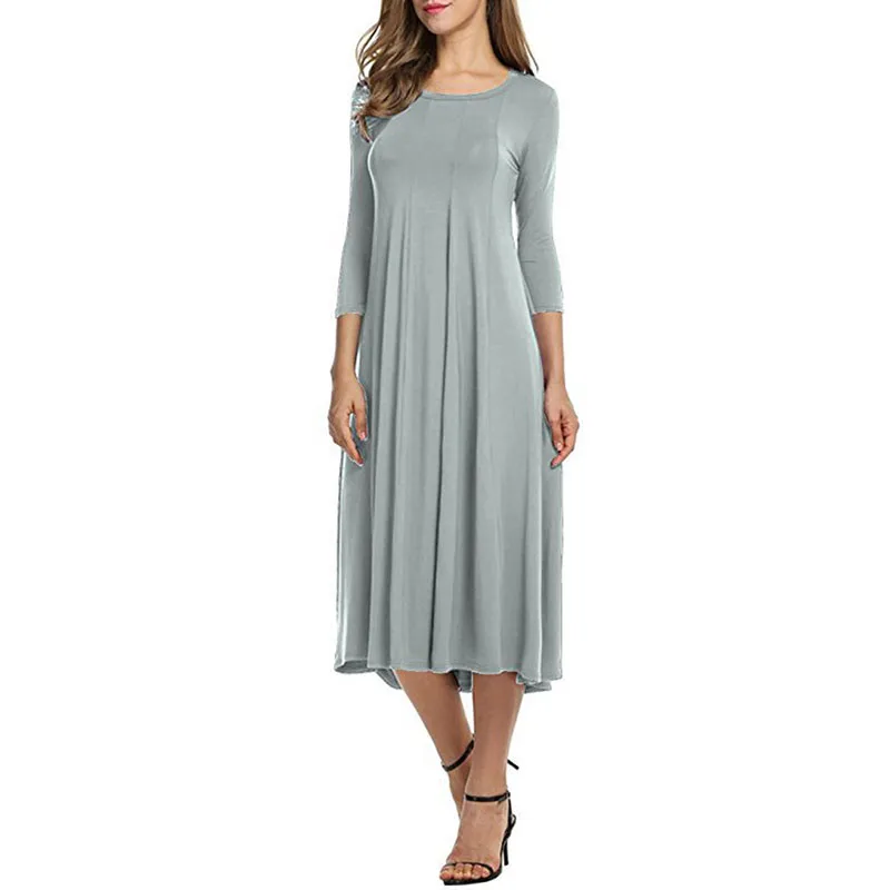 Женское базовое платье с рукавом 3/4 повседневное однотонное круглым вырезом