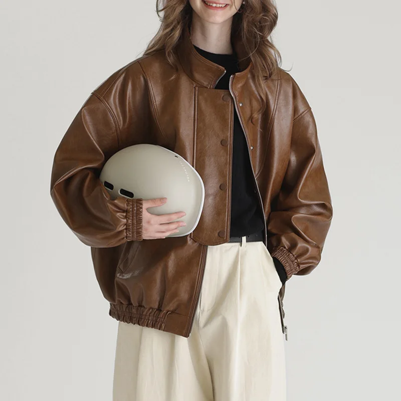 2023 New Fashion Lady Leather Jacket Oil Wax Cowhide Leather Coat Women Stand Collar Sheep Leather Streetwear TF5281