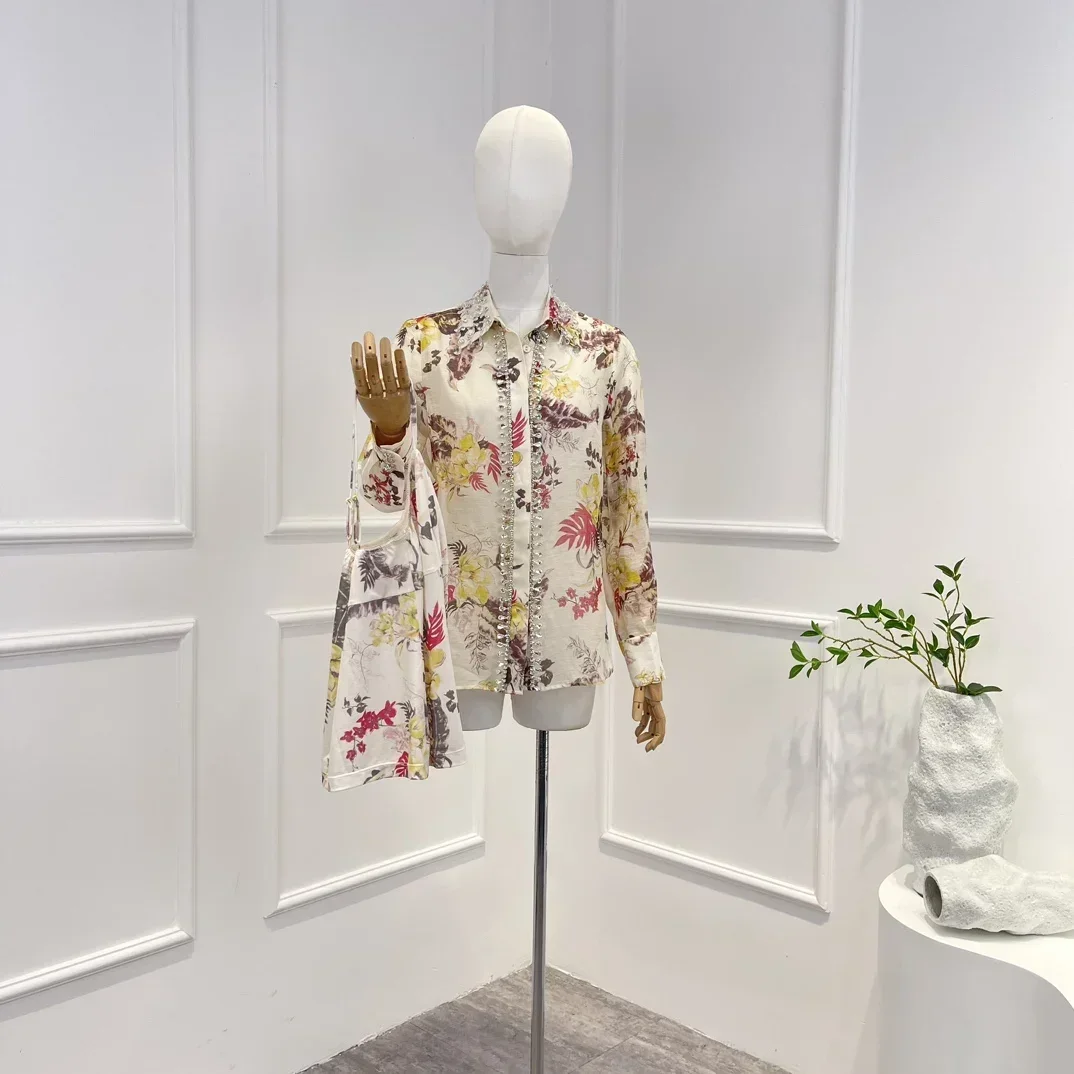 

2023 Newest Collection Vintage Floral Printing Diamonds Elegant High Quality Linen Silk Long Sleeve Blouse