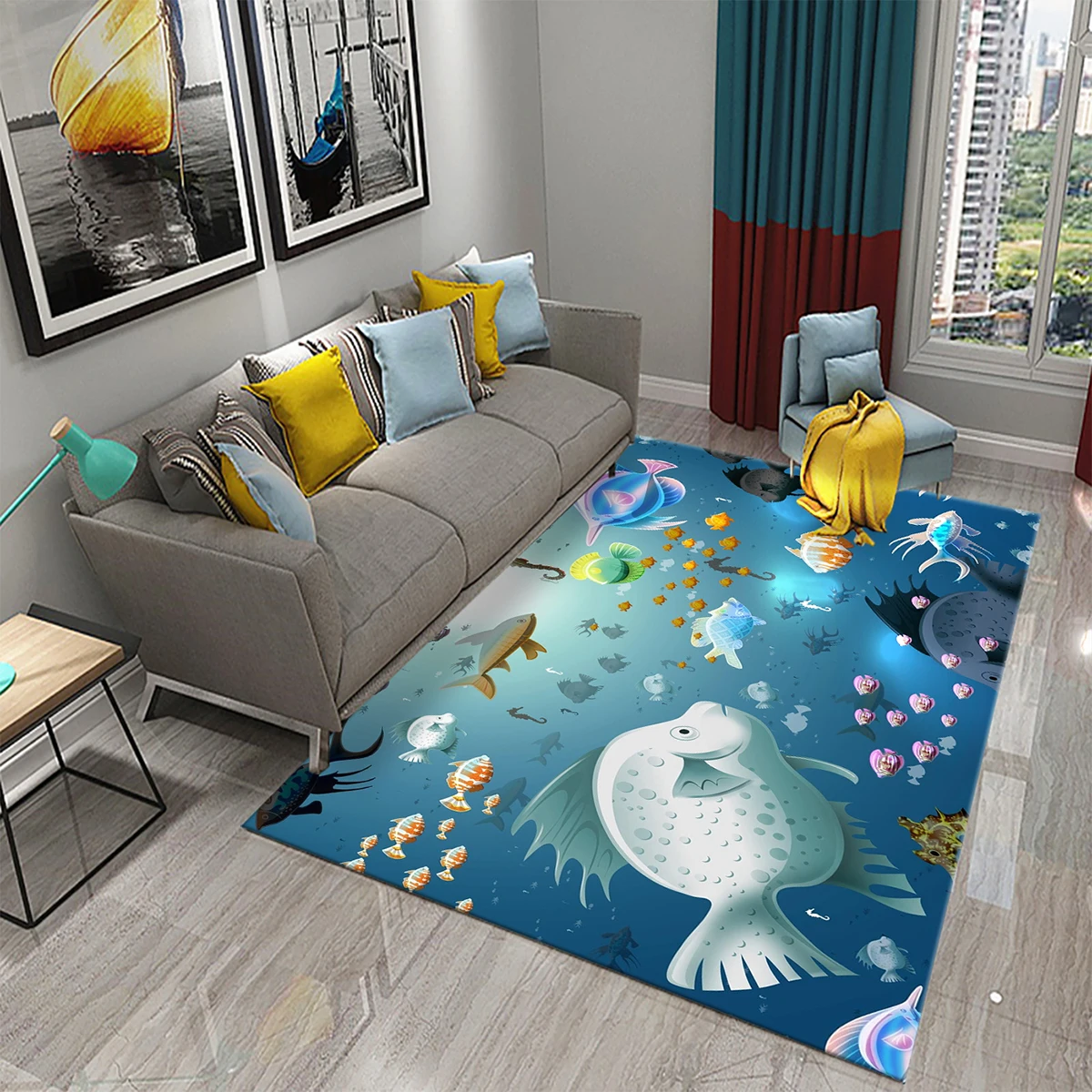 

Underwater World Ocean Theme Carpet Cute Dolphin Octopus Sea Turtle Pattern Anti-slip Floor Mat for Living Room Bedroom Bathroom