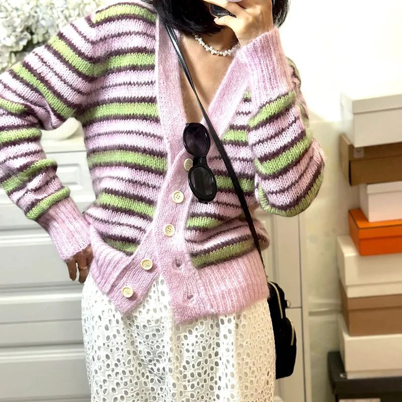 

JIAMI Striped Mohair-blend Women Cardigan Color Block 2023 Autumn New In Knitwear Tops Single-breasted Niche Design Sweater