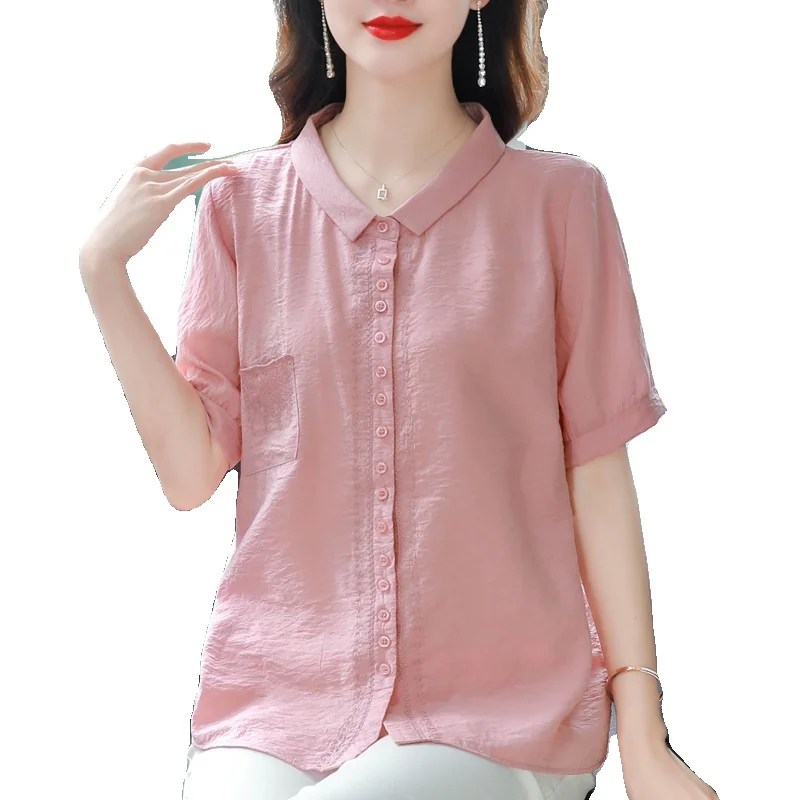 Женская рубашка из хлопка и льна с коротким рукавом лето 2024 Новое поступление