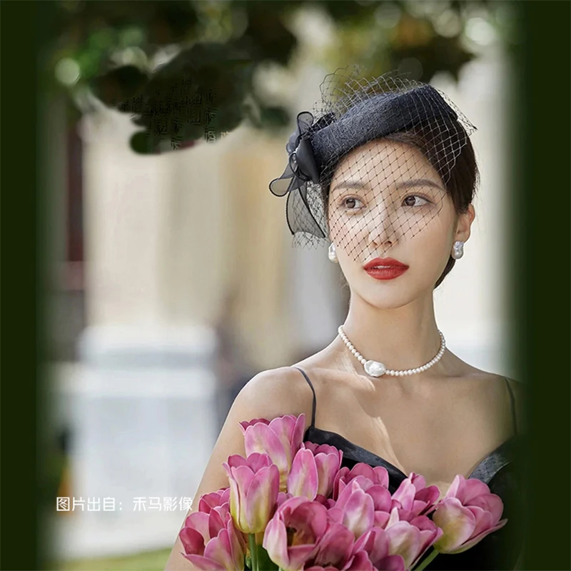 

Original lace bow knot black gauze hat Bride hat accessories studio photo and makeup modeling sample accessories