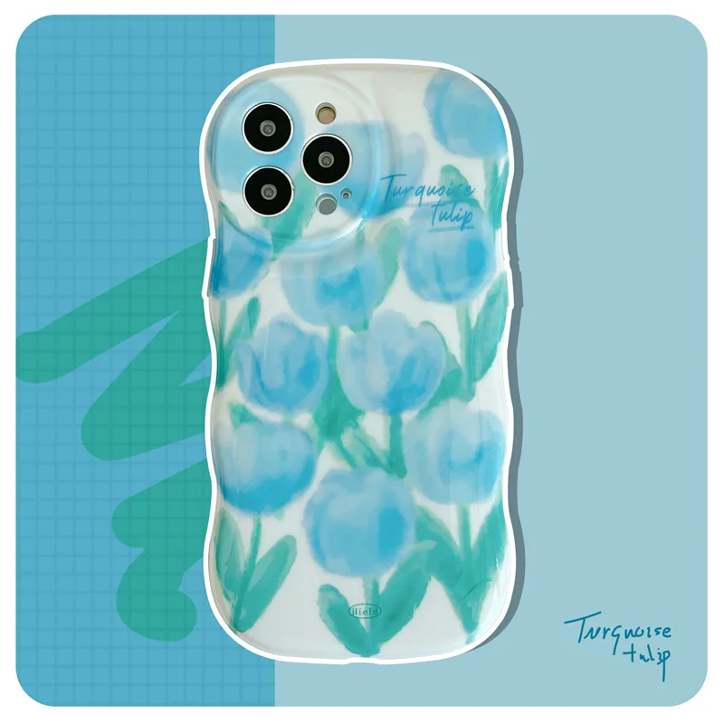 

Creative Wave Edge Watercolor Blue Tulip Flower Phone Case Cover for IPhone 11 12 13 Pro Max Shockproof Case for IPhone 13 Cases