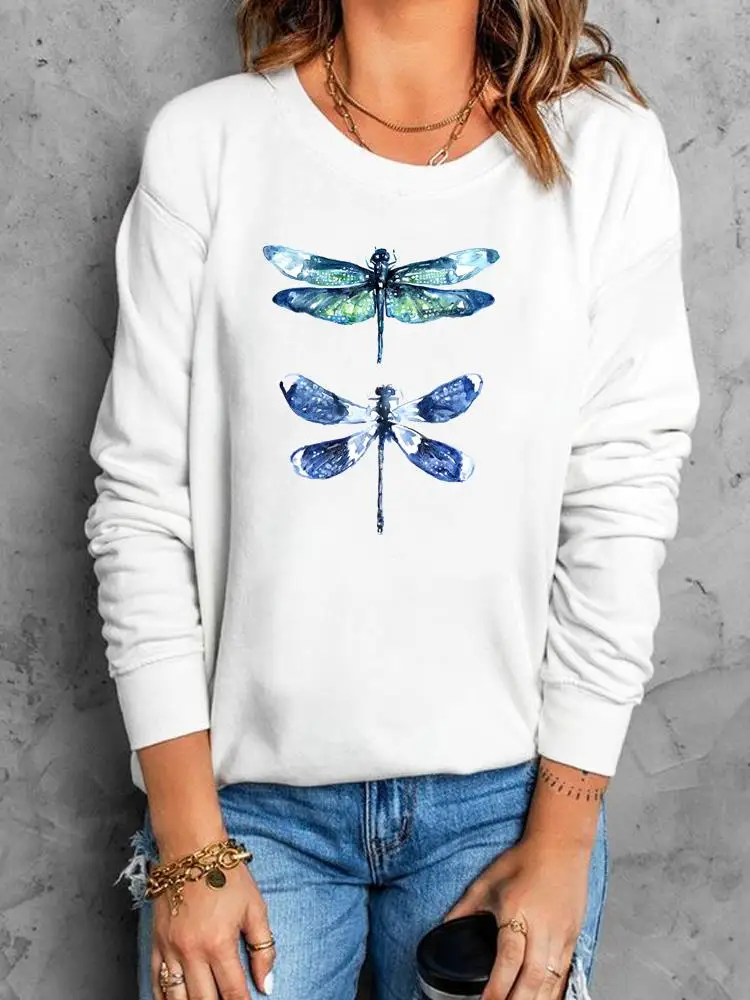

Autumn Fashion Clothing Women Fall Spring Fashion Watercolor Sweet Dragonfly Pullovers O-neck Female Graphic Sweatshirts