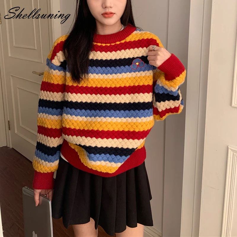 

Женский вязаный свитер Shellsuning, французский винтажный контрастный свитер с круглым вырезом, модный Свободный Универсальный пуловер, женские...