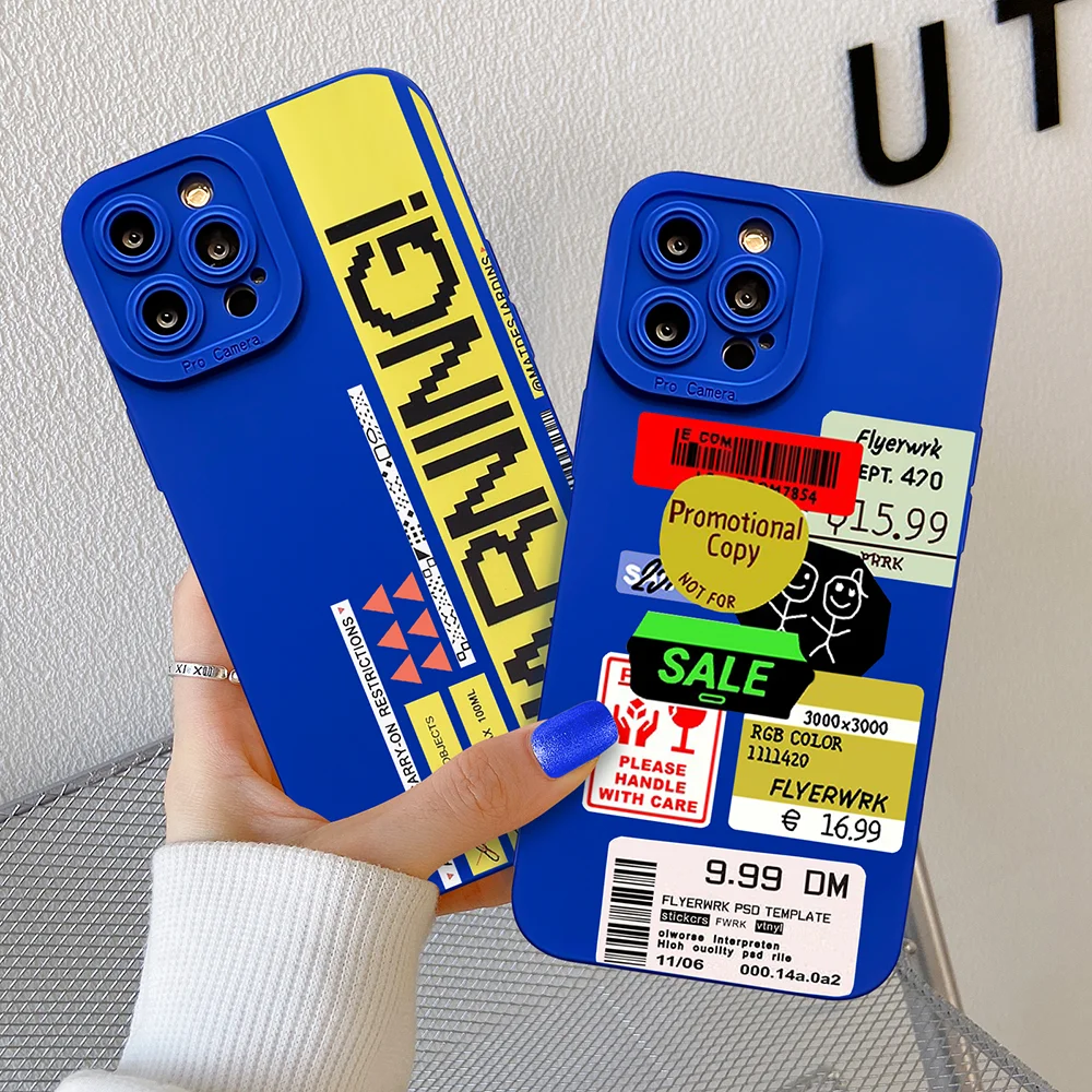 

Cool Cute Color Stamp Label Barcode Case for IPhone 11 12 13 Pro Max New Design Blue Cover for IPhone 7 8 Plus X XR XS MAX SE 2