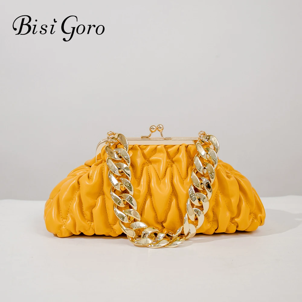 

Bisi Goro Hobos Shoulder Handbags for Women Leather Folds Acrylic Chain Hand Carry Simple Female Shoulder Messenger Bags 2022