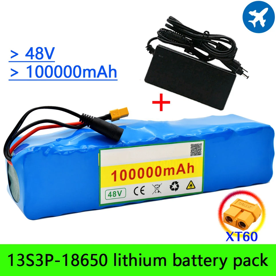 

NEW XT60 Plug 48V100Ah 1000w 13S3P 48V Lithium ion Battery Pack For 54.6v E-bike Electric bicycle Scooter with BMS+54.6V Charger