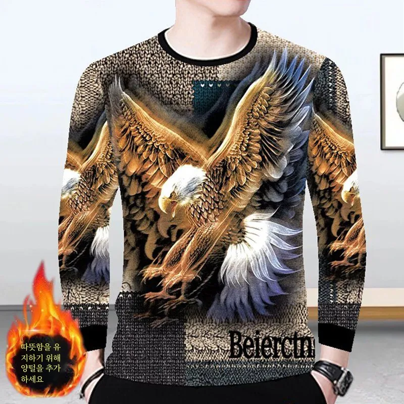 Autumn and Winter Fleece-lined Warm Hoodie Men's Long sleeves Shirt round Neck Top 3D Print Bottoming plus Size |