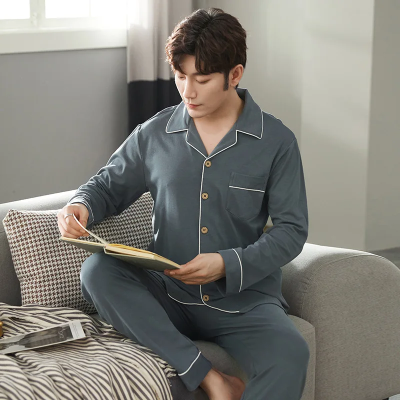 Mens Luxury Winter Spring 2 Pieces Pajamas Set Cotton Cozy Soft Elegant Pajama Set Sleepwear Homewear Pyjama