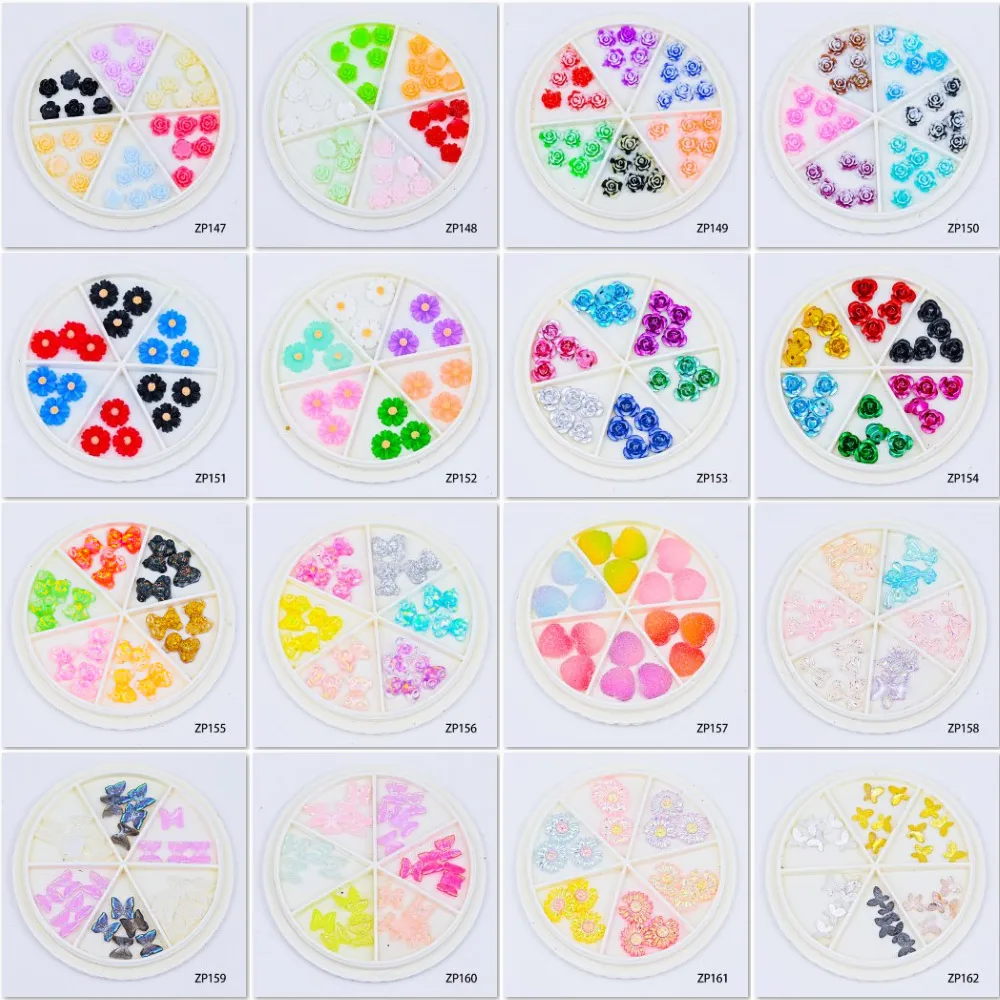 

6Grids/Box Acrylic Flowers 3D Nail Charms Rose/Butterfly/Heart Design Nail Jewelry Kawaii Resin Bowknot /Florets Nail Accessorie